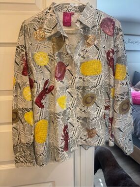 Sequin Embellished Newsprint Button-Up Shirt - Colorful Fruit & Seafood Motifs